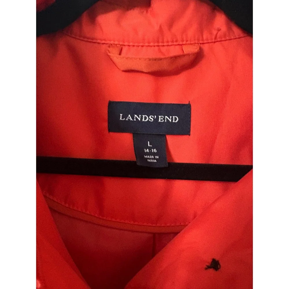 Lands End Womens Coral Pink Trench Coat Jacket Button Front L 14-16 Single